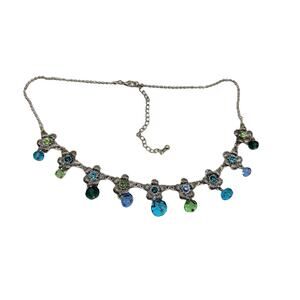 Silver Tone Beaded Pendant Necklace Crystal Charm Statement Necklace Blue Green